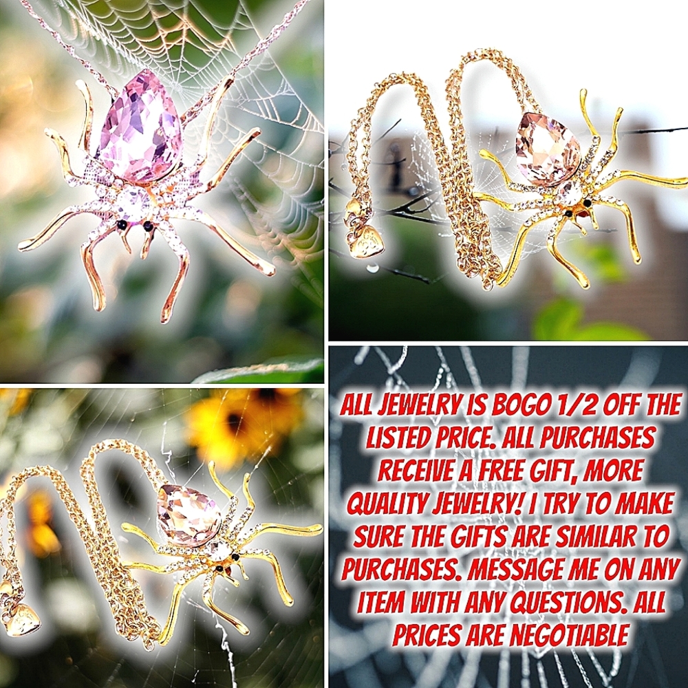 Gold plated pink and white crystal spider necklace/brooch